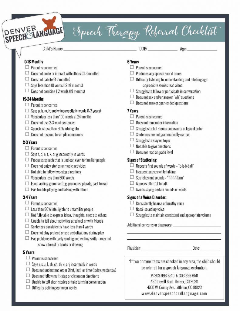 speech therapy referral checklist in wheat ridge